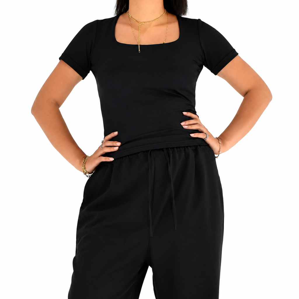 Short Sleeve Square Neck Top – Black