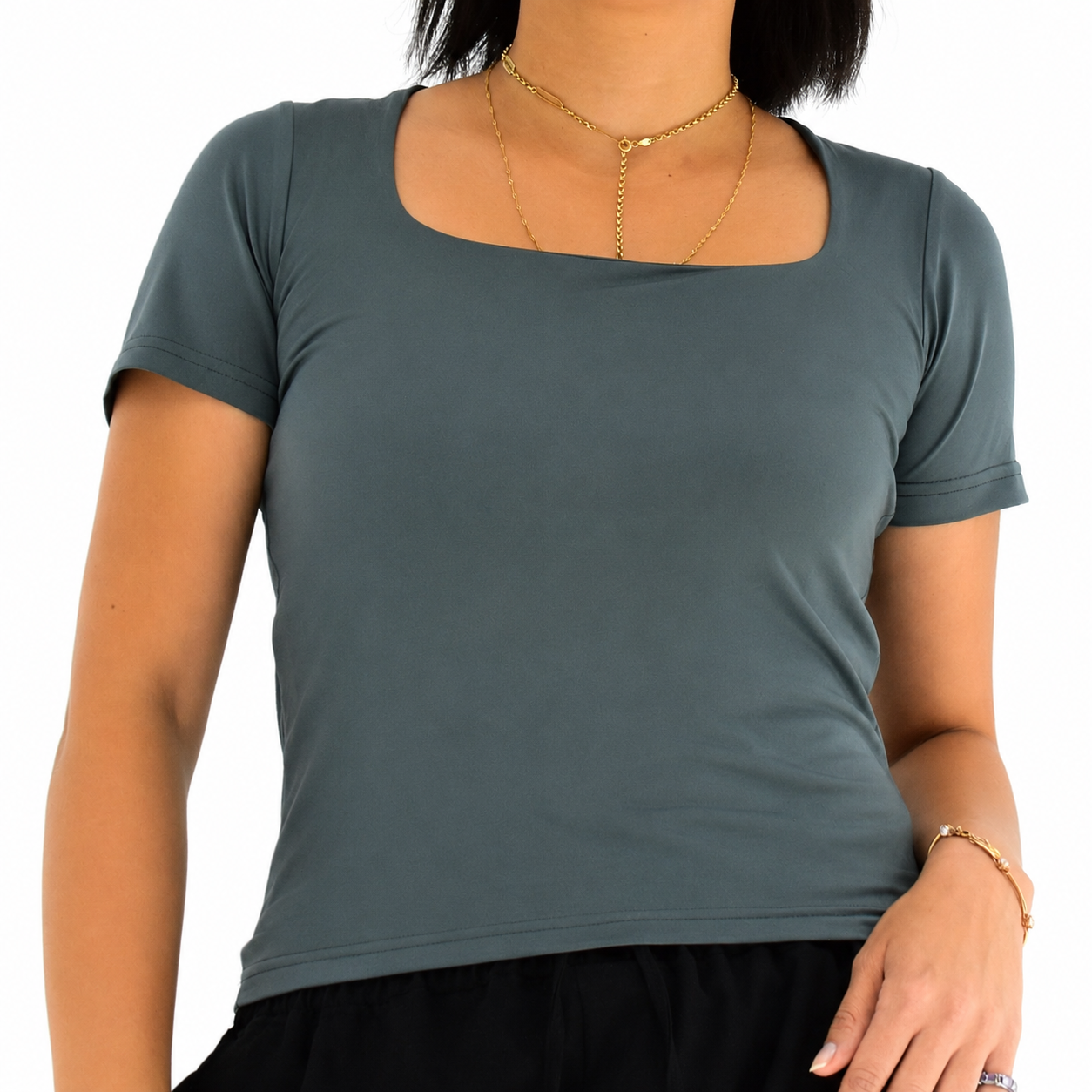 Short Sleeve Square Neck Top – Deep Sage Teal